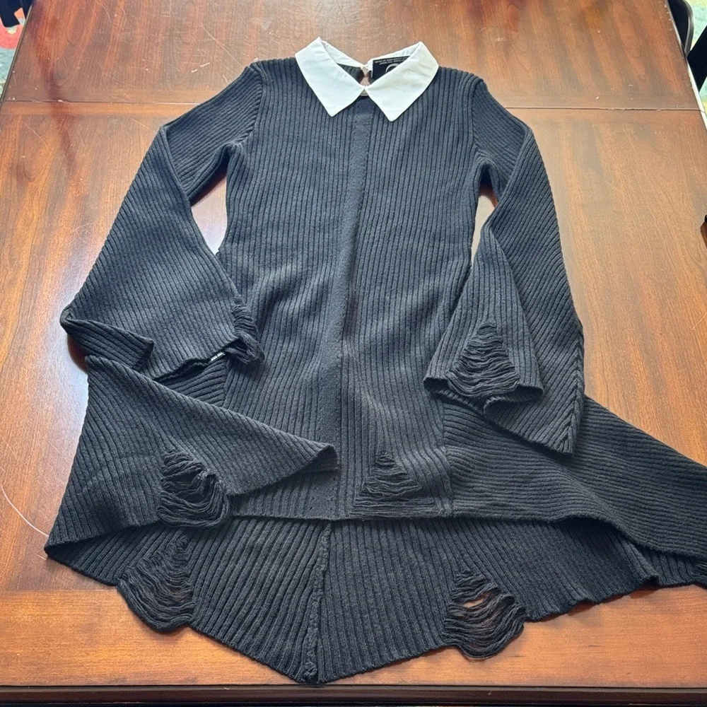 Killstar Black Hellda Distressed Long Sleeve Sweater Dress with White Collar - Picture 3 of 11